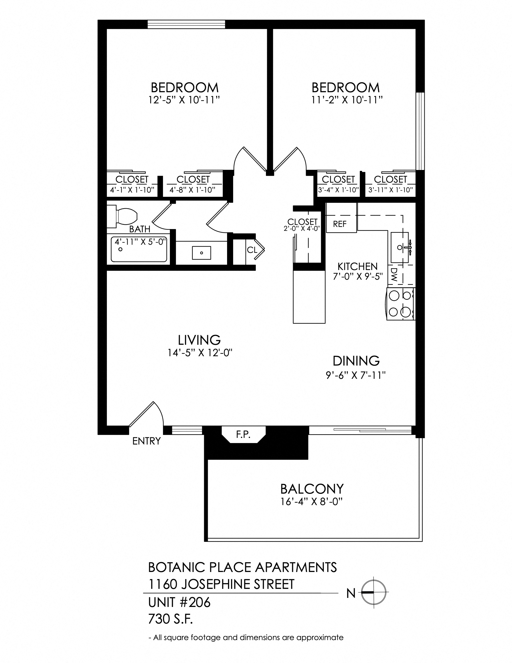 Floor plan for 2 beds, 1 bath, 735 sqft